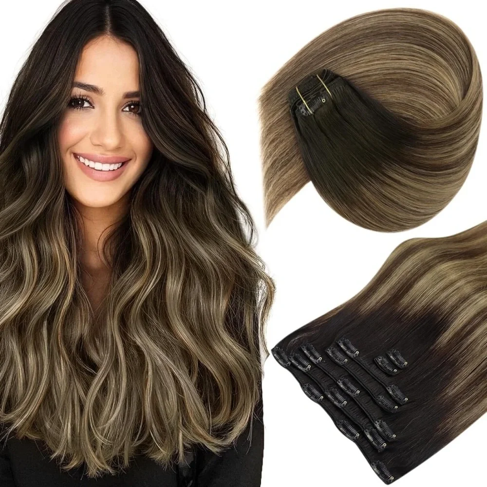 Sunny Hair Clip in Real Human Hair Black Ombre Dark Brown Caramel Blonde - Picture 1 of 11